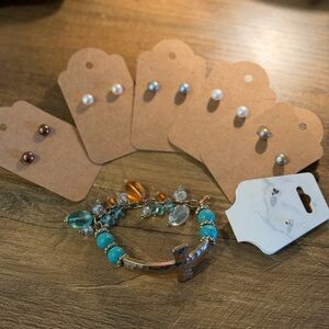 Turquoise and Amber Beaded Bracelet with Pearl Earrings Sets